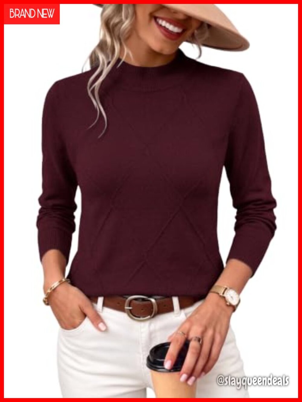 Womens Cable Knit Argyle Sweater Mock Neck Long Sleeve Pullover